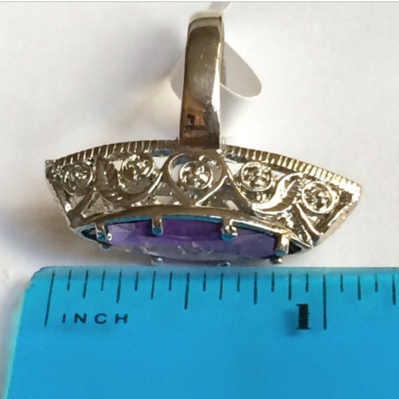 Silver Art Deco Amethyst Cocktail Ring Size 6 9 Rhodium Plated Filigree Vintage - Picture 8 of 8